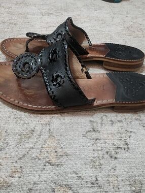 Jack Rogers Thong Sandals Black Flat Beach Resort Signature Whipstitching 7.5